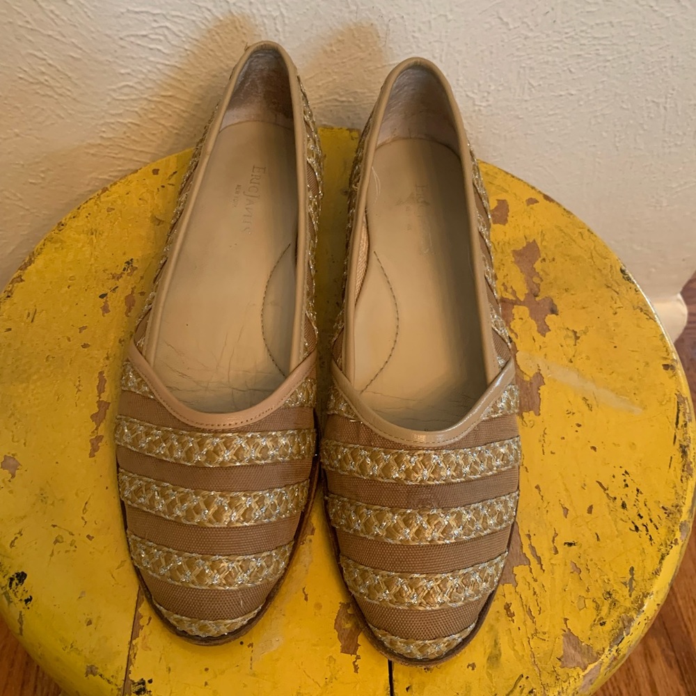 Eric Javits Womens 9.5 beige & Straw Striped Flats Casual Dress Shoes Leather